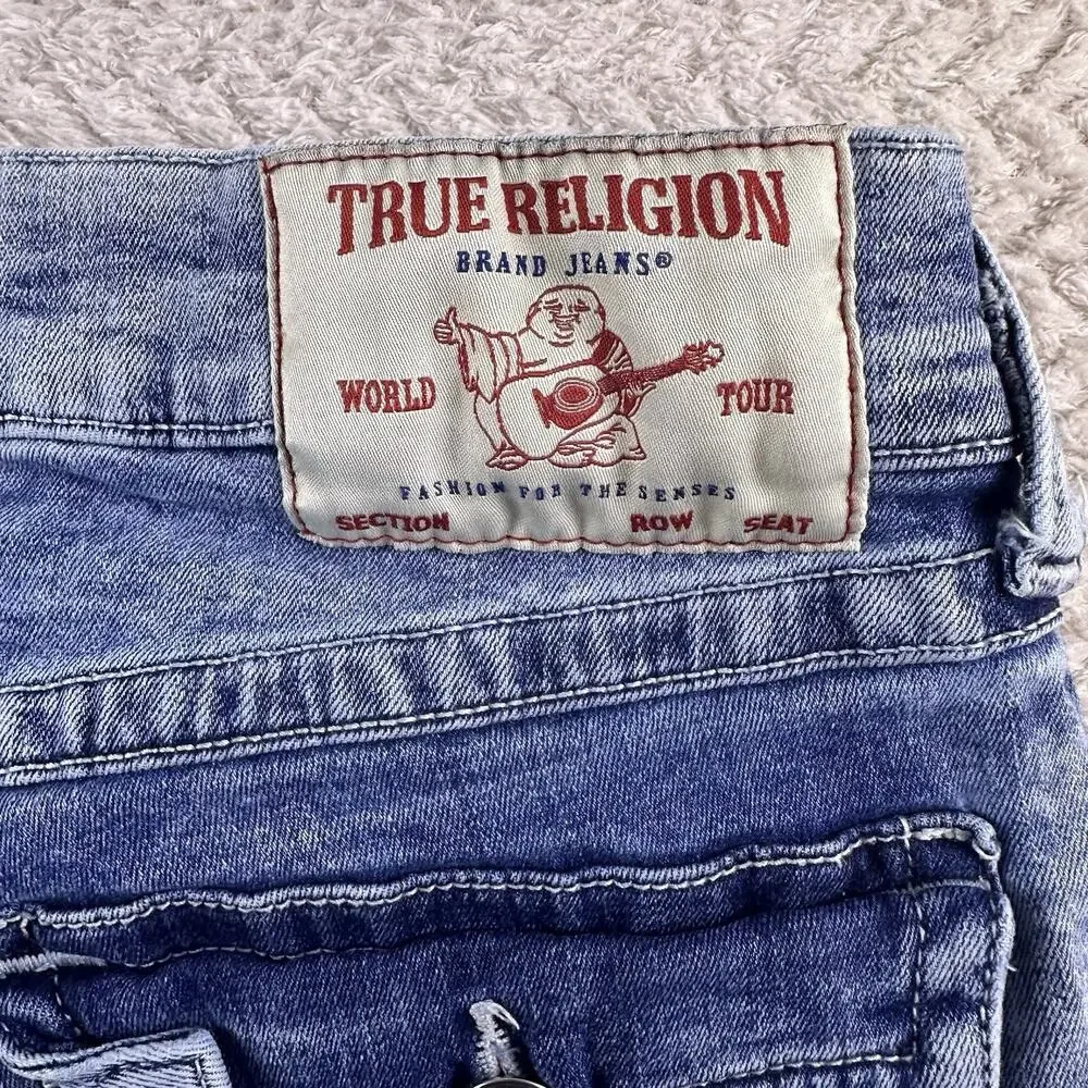 True Religion Jeans Mens 32x34 Blue‎ Geno Relaxed Slim Flap Pocket Distressed